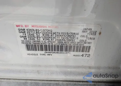 2012 Mitsubishi Outlander Sport Es from USA, damaged, VIN JA4AP3AU8CZ011972